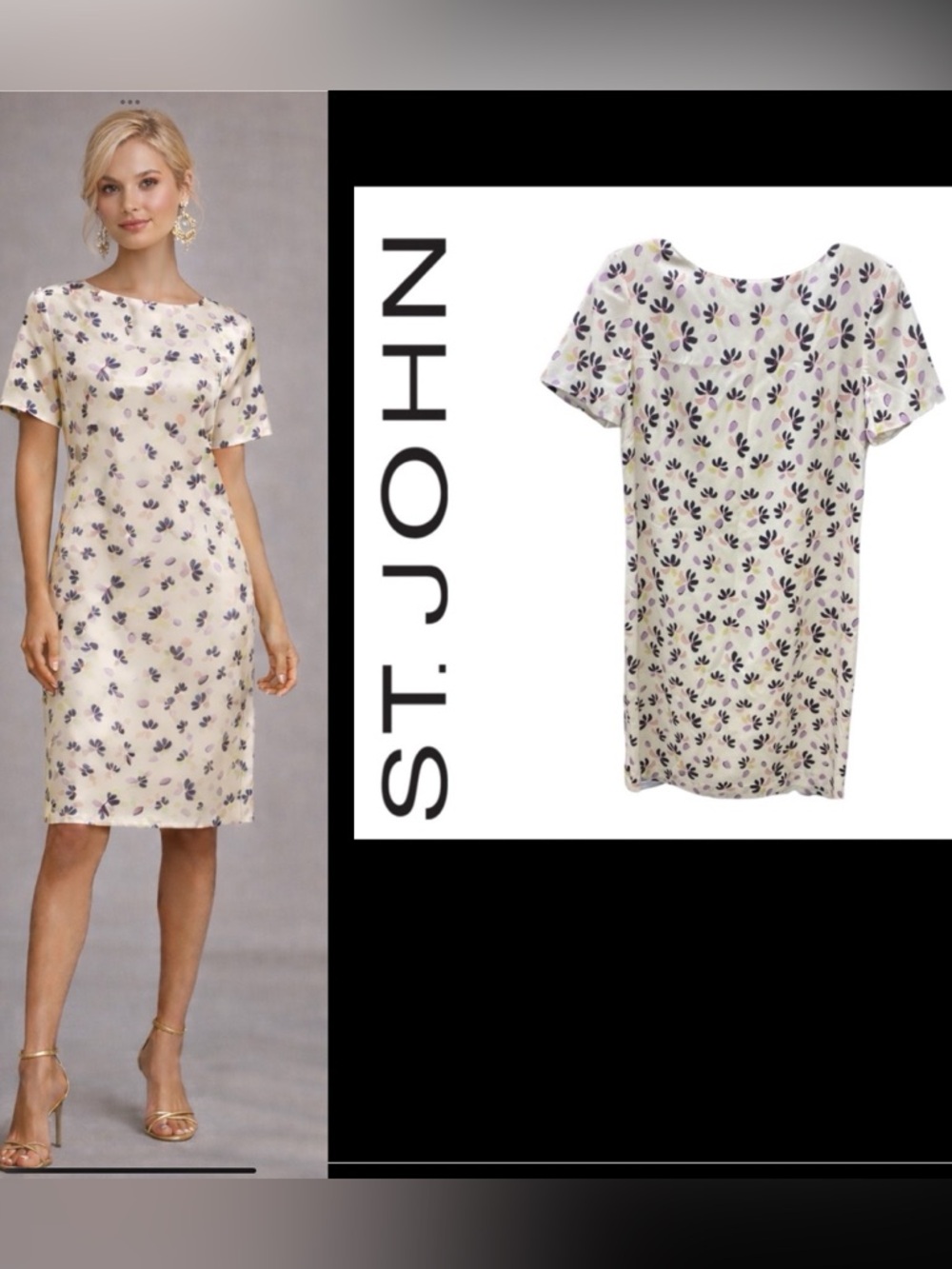 ST. JOHN Geranium Petals Print‎ Stretch Silk Crepe Dress Size 4 old money,lux